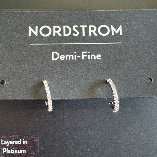 Nordstrom Pave Silver Hoop Earrings With CZ Detail New On Card Pierced
