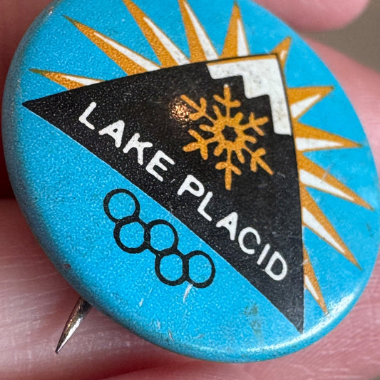 Vintage Lake Placid Rings Tin Button Lapel Pin Button
