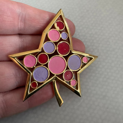 Fun! Vintage Crown Trifari Confetti Brooch Pinks Purple Gold Tone Leaf