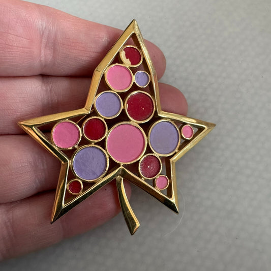 Fun! Vintage Crown Trifari Confetti Brooch Pinks Purple Gold Tone Leaf