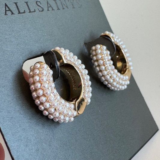 Allsaints Pearl Hoop Earrings New on Card Gold Tone Huggie All Saints