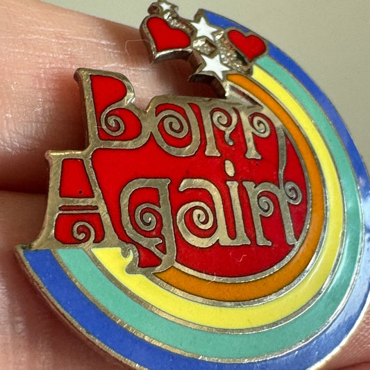 Vintage Born Again Rainbow Heart Star Enamel Lapel Pin 1970s 1980s