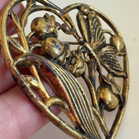 Antique Art Nouveau Heart Shaped Brooch Butterfly and Flowers Brass Patina