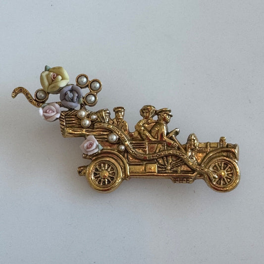 Vintage 1928 Antique Car with Pearls Flowers Gold Tone Brooch Pin
