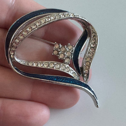 Fabulous Silver Toned Blue Enamel Crystal Statement Swirl Brooch Pin