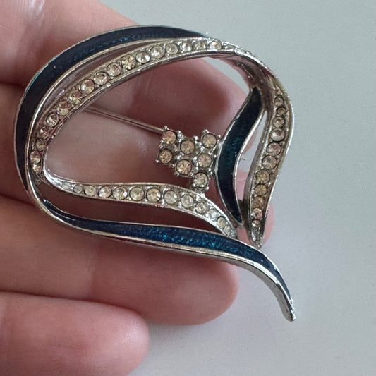 Fabulous Silver Toned Blue Enamel Crystal Statement Swirl Brooch Pin