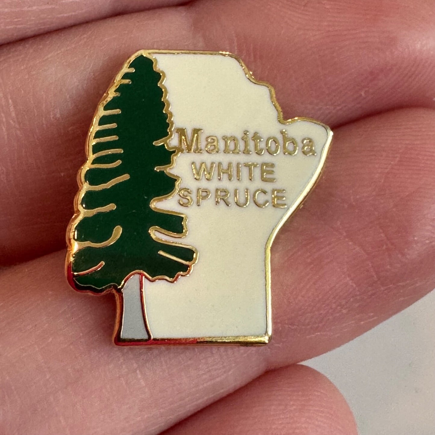 Vintage Manitoba White Spruce Enamel Lapel Pin Tree Province-Shaped Tie Tack