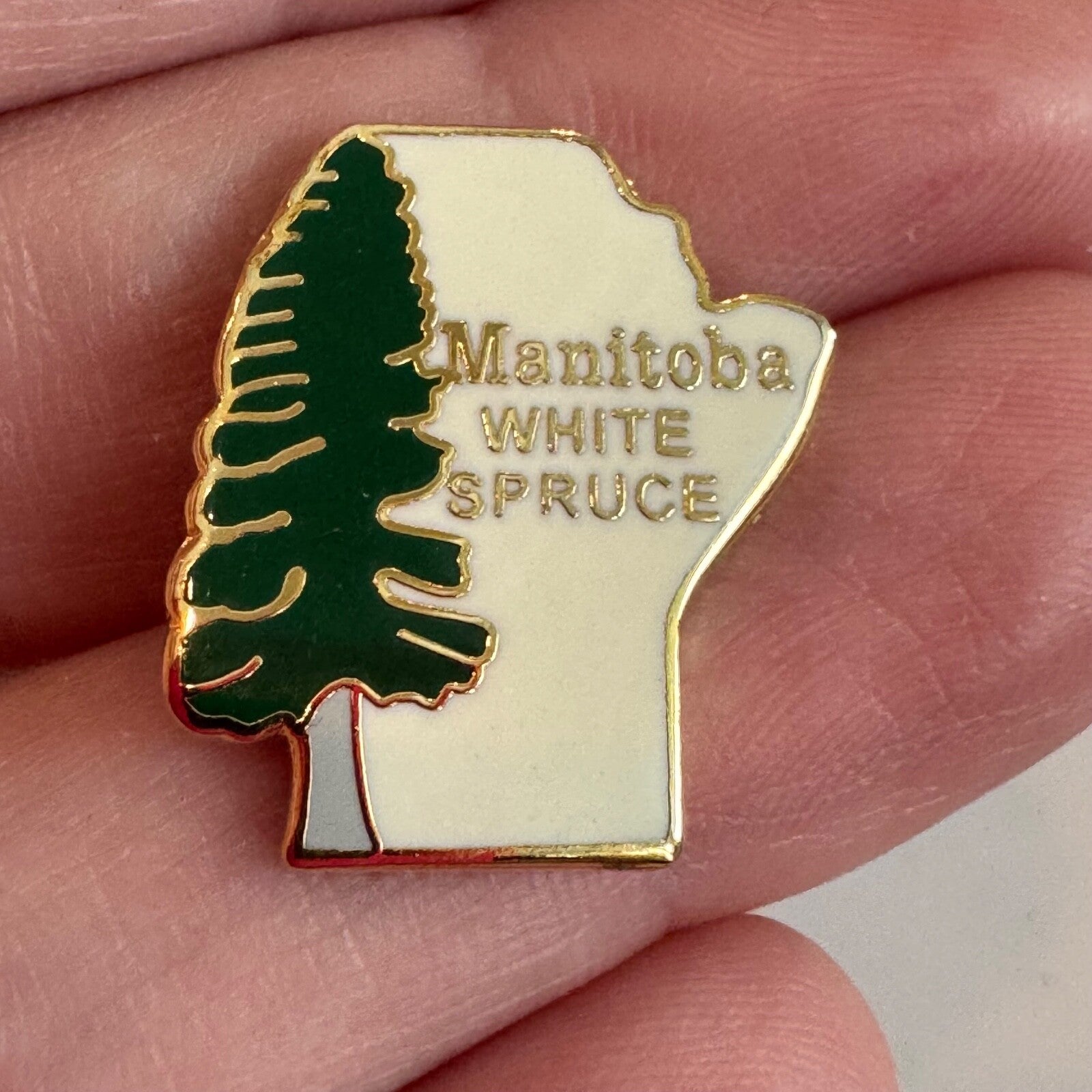 Vintage Manitoba White Spruce Enamel Lapel Pin Tree Province-Shaped Tie Tack