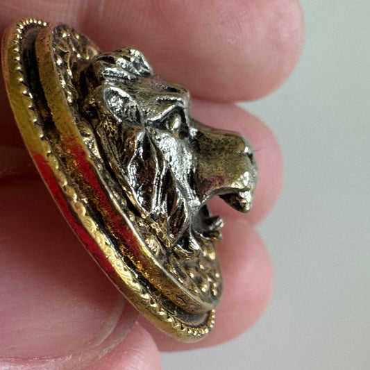 Vintage ART Lion's Head Brooch 3-D Pin Gold Tone Silver Tone Mixed Metal Lion