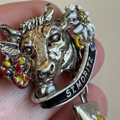 Vtg St. Mortiz Cow Cowbell Edelweiss Souvenir Tourist Dangle Lapel Pin