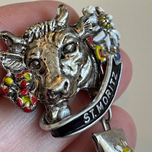 Vtg St. Mortiz Cow Cowbell Edelweiss Souvenir Tourist Dangle Lapel Pin