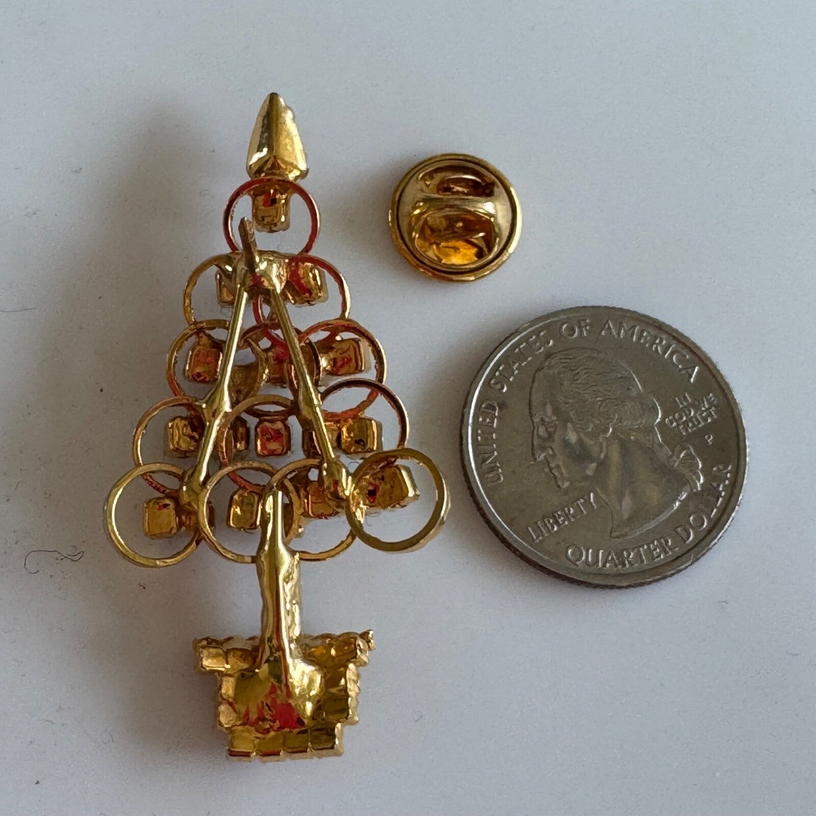 Vintage Gold Tone Rhinestone Christmas Tree Brooch Red Green Gold Blue Stones