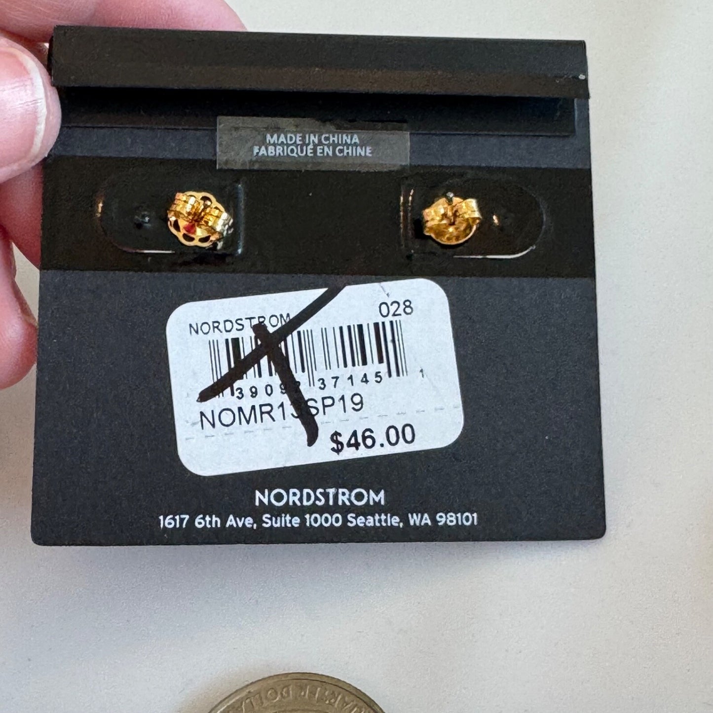 Nordstrom Gold Emerald Cut Solitaire Stud Earrings New On Card Pierced