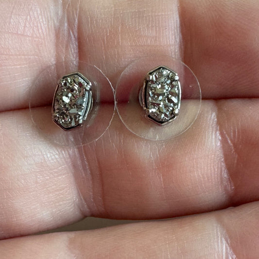 Authentic Kendra Scott Emilie Stud Earrings Platinum Drusy Small Druzy NWOT