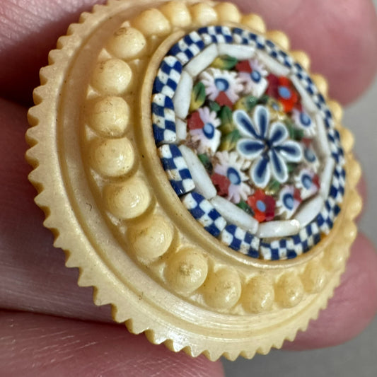 Gorgeous Antique Micromosaic Brooch Celluloid  Bone? Micro Mosaic C-Clasp