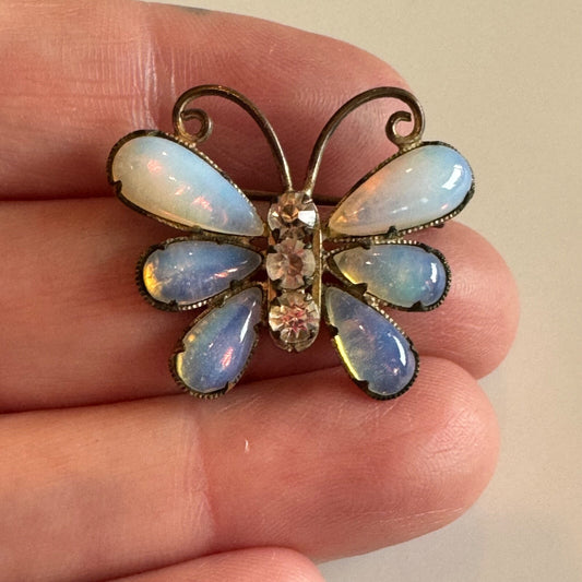 Antique Opal Look Butterfly Brooch C-Clasp Pin