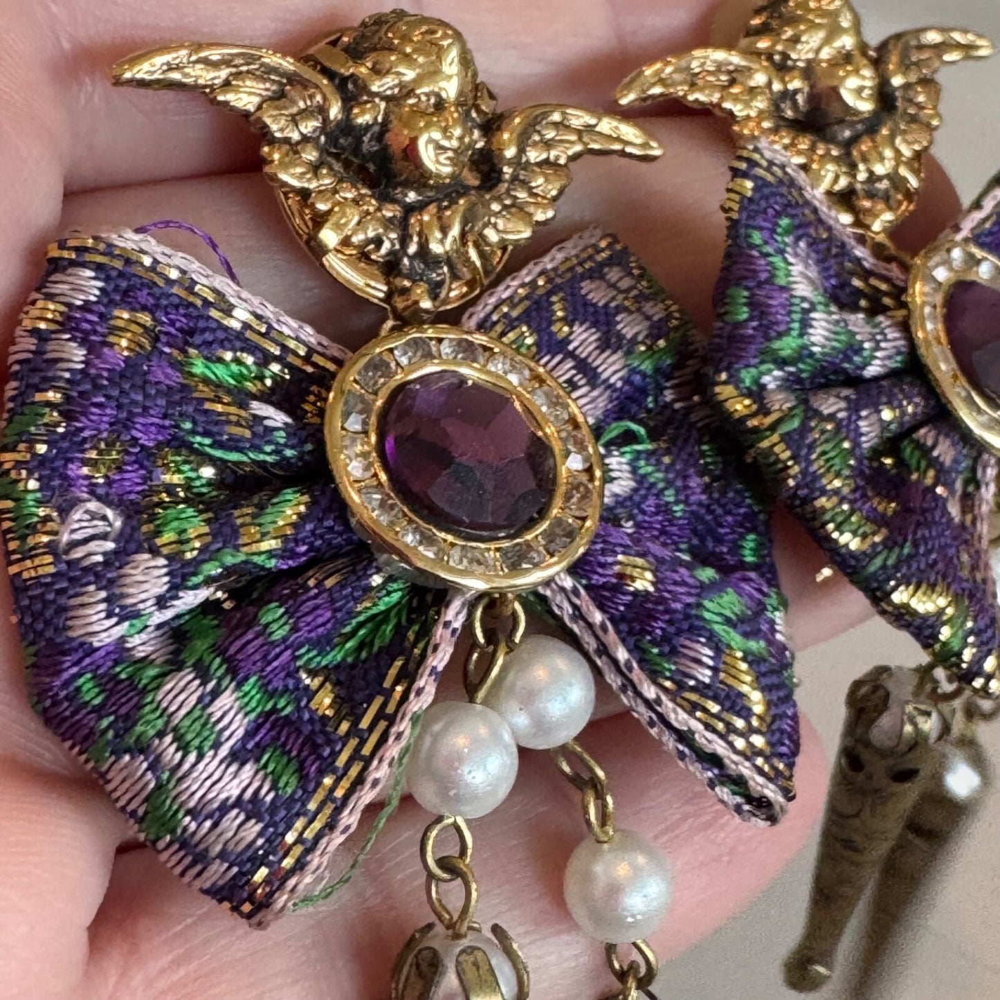 Vintage Fabric Bow Purple Clear Rhinestone Cherub Post Dangle Earrings 