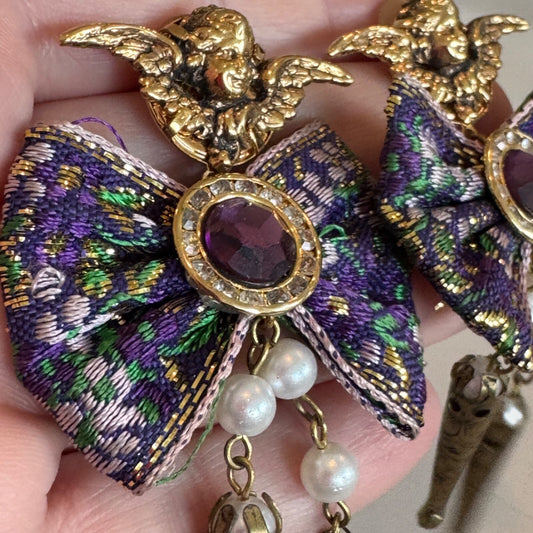 Vintage Fabric Bow Purple Clear Rhinestone Cherub Post Dangle Earrings 