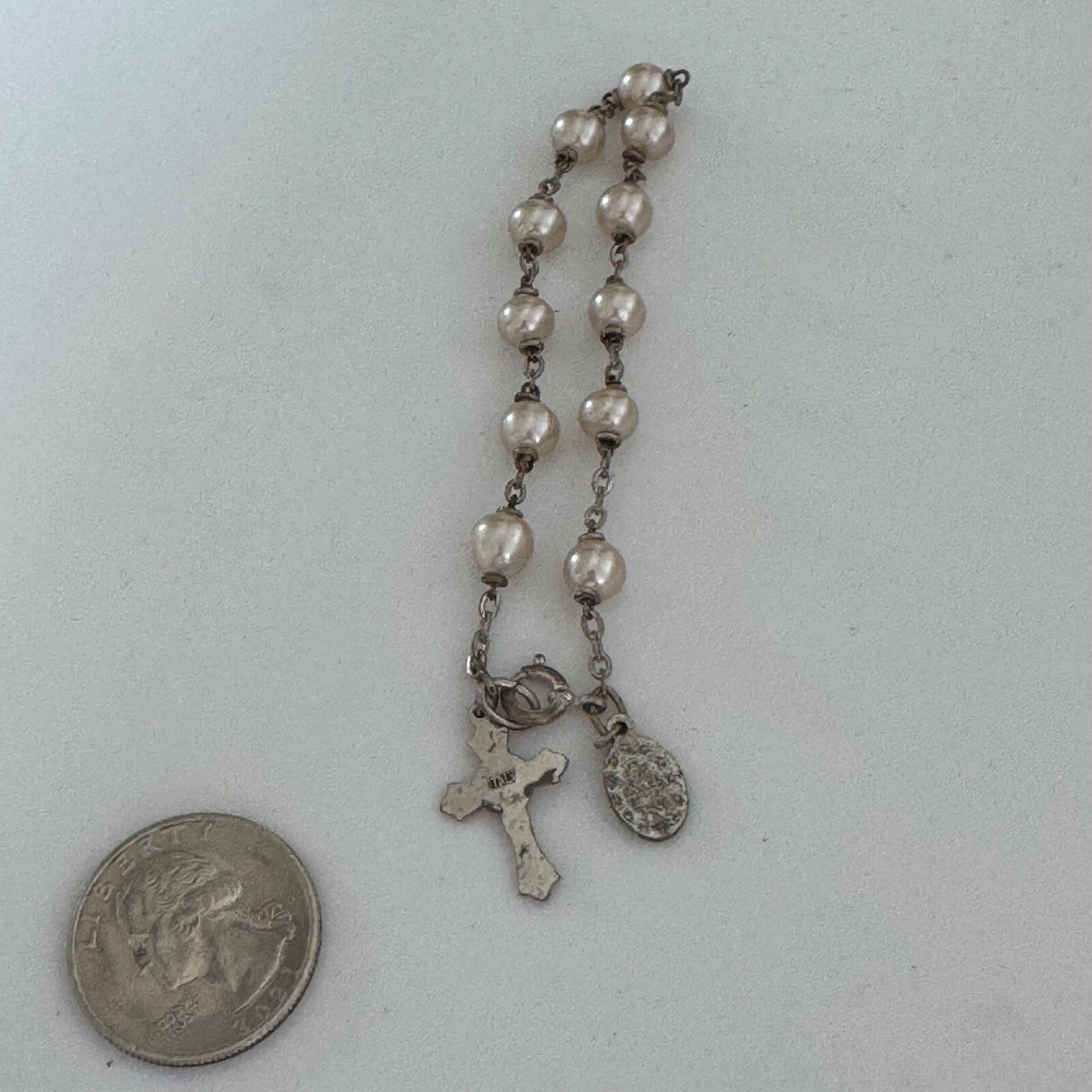 Vintage Silver Tone Rosary Bracelet Faux Pearl Italy