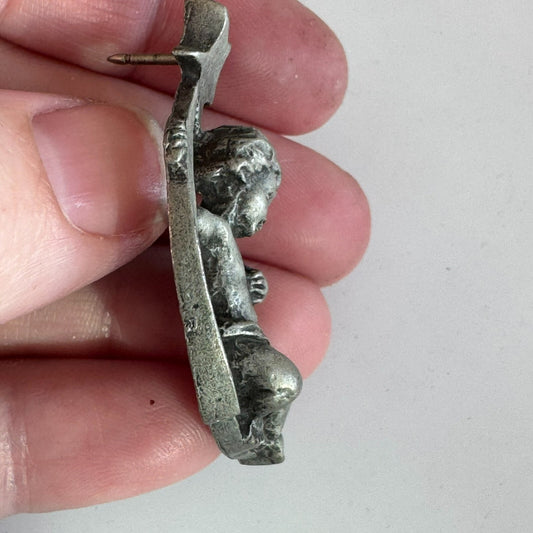 Vintage Pewter Cherub on a Crescent Moon Lapel Pin Brooch with Star Angel