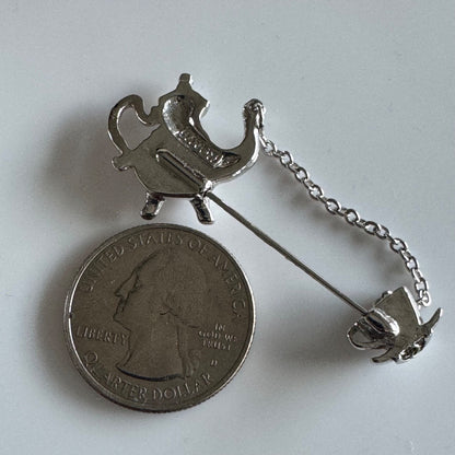 Vintage Avon Teapot and Tea Cup Stick Brooch PIN Silver Tone 2"