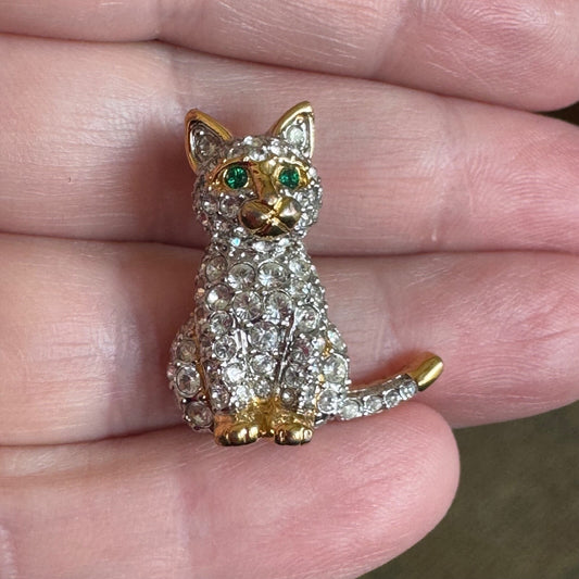 Vintage Swarovski Crystal Gold Silver Tone Cat Lapel Pin Green Eyes Tie Tack