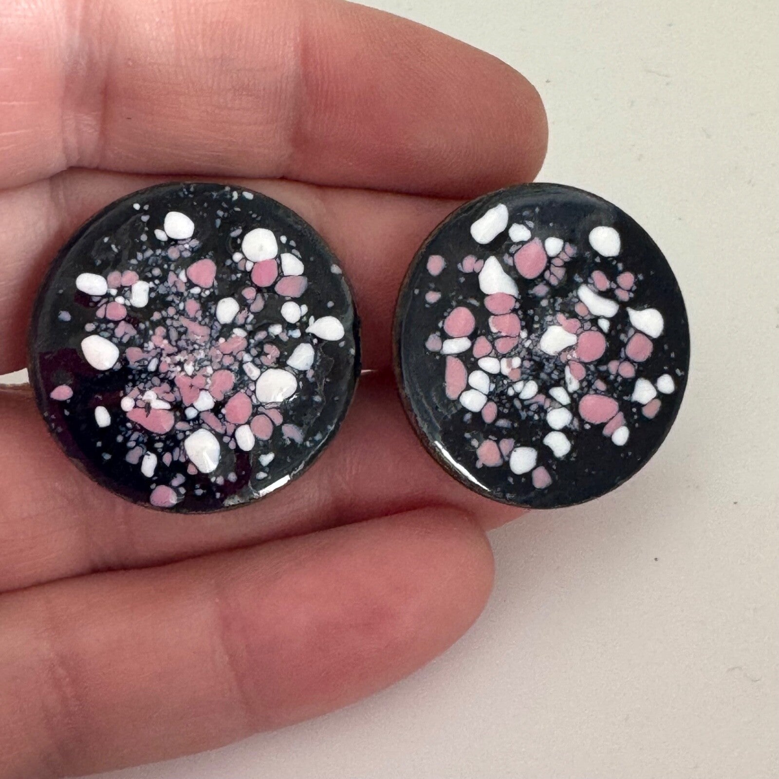 Vintage Enamel on Copper Pink White Black Screwback Earrings