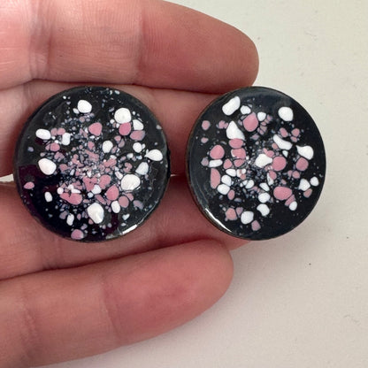 Vintage Enamel on Copper Pink White Black Screwback Earrings