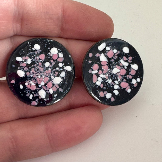 Vintage Enamel on Copper Pink White Black Screwback Earrings