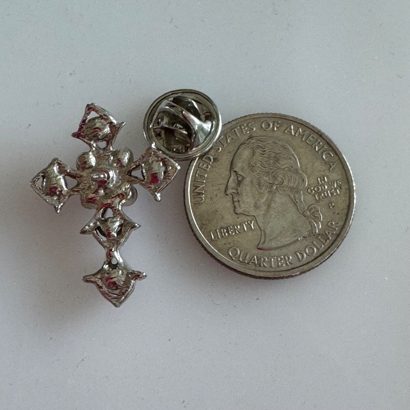Vintage Silver Tone with Pink Crystal Cross Pin Brooch