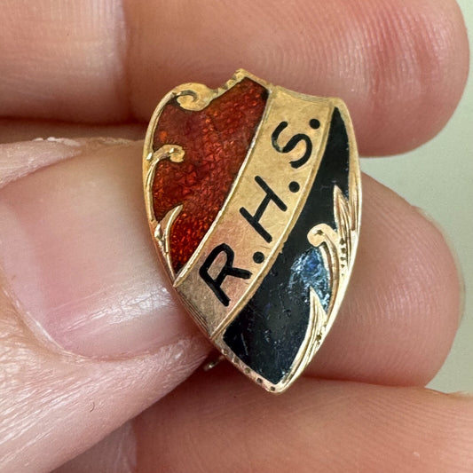 Vintage Roosevelt High School RHS School Shield Enamel Lapel Pin Red Black