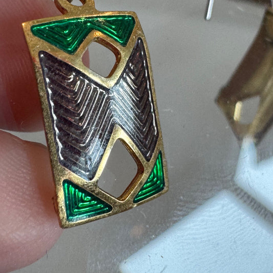 Vintage Geometric Dangle Pierced Earrings Cloisonne Look