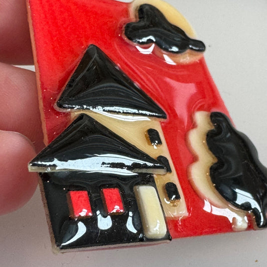Vintage House Pins by Lucinda Red Black Cream Brooch Pin Trees Cloud Moon Sun
