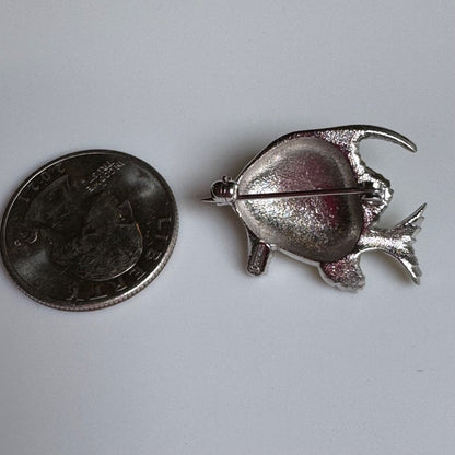 Vintage Silver Tone Fish Brooch Enamel Red Eye Yellow Pin 3-D