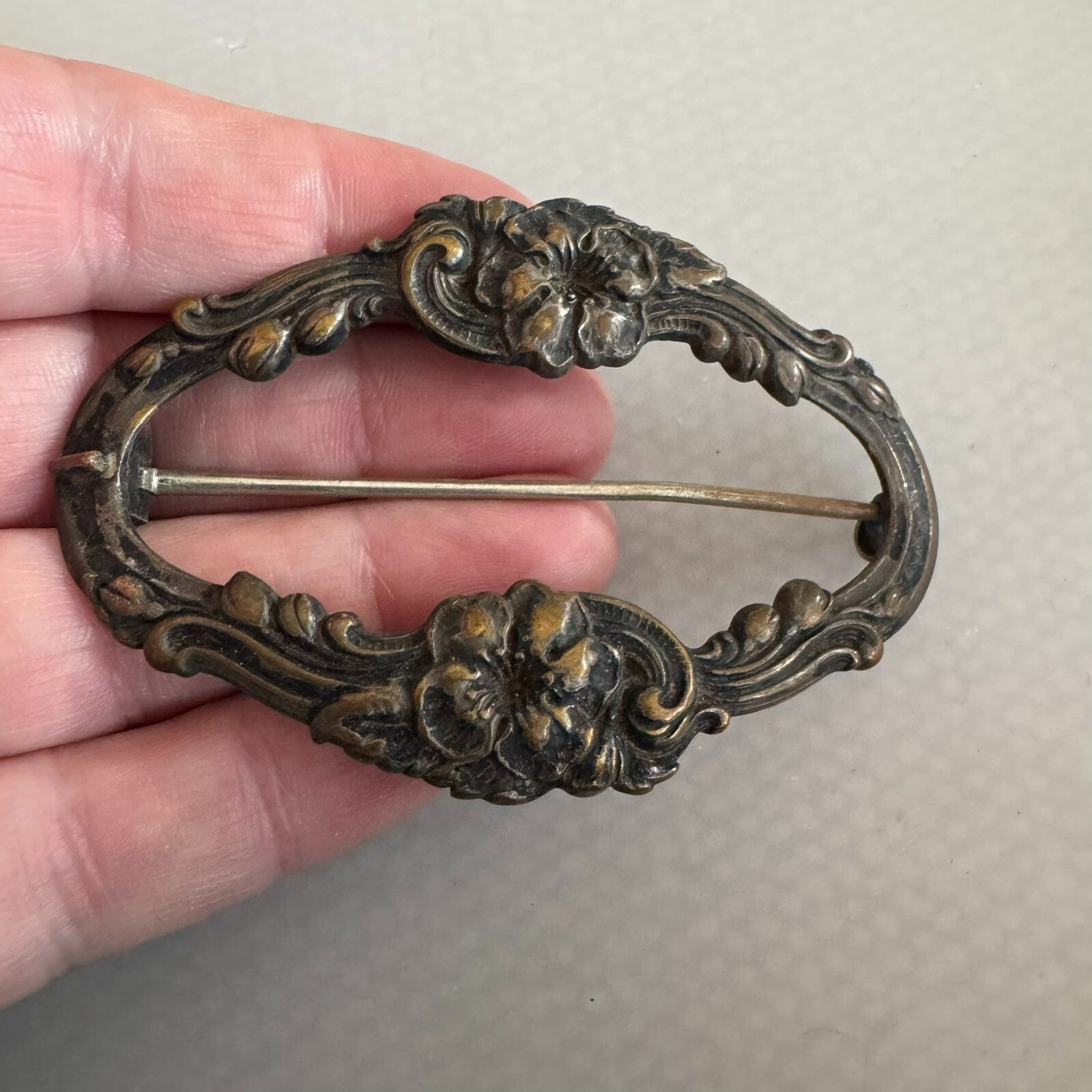 Stunning Antique Art Nouveau Sash Buckle Pin Brooch Flowers