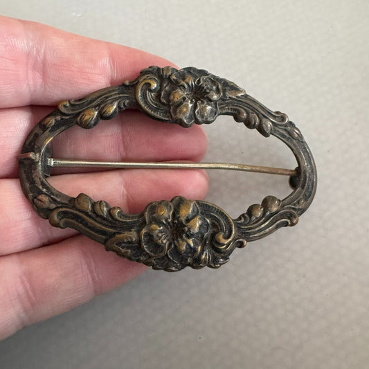 Stunning Antique Art Nouveau Sash Buckle Pin Brooch Flowers