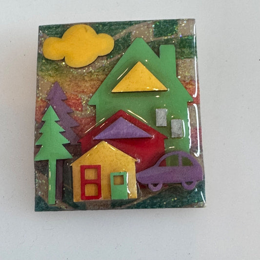 Vintage House Pins by Lucinda Northwest Car Clouds Evergreen Trees Brooch