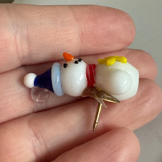 Vintage Artisan Fused Glass Snowman Pin Holiday Winter Brooch Pin Blue Hat Star