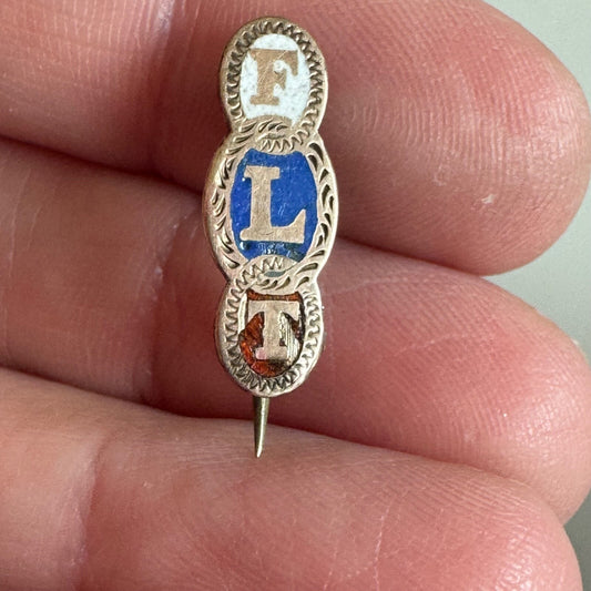 Antique FLT Engraved Lapel Pin Odd Fellows IOOF C-Clasp FRIENDSHIP LOVE TRUTH