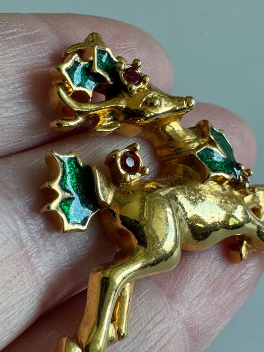 AVON Christmas Reindeer Tac Pin, Red Rhinestone, Gold tone, Vintage