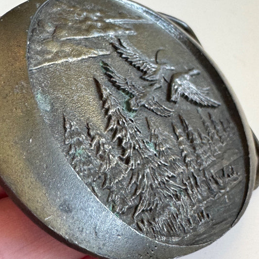 Vintage Indiana Metal Craft Belt Buckle Flying Geese Sun Clouds 1982 Ducks