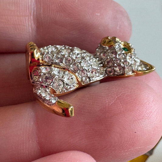 Vintage Swarovski Crystal Gold Silver Tone Cat Lapel Pin Green Eyes Tie Tack