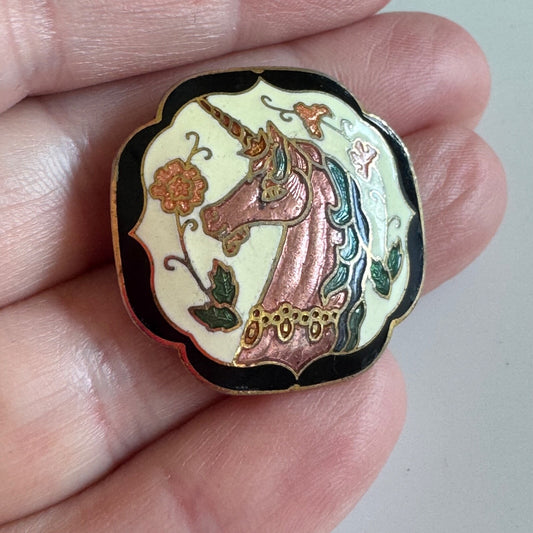 Vintage Cloisonne Pink Unicorn Brooch with Flowers Pin