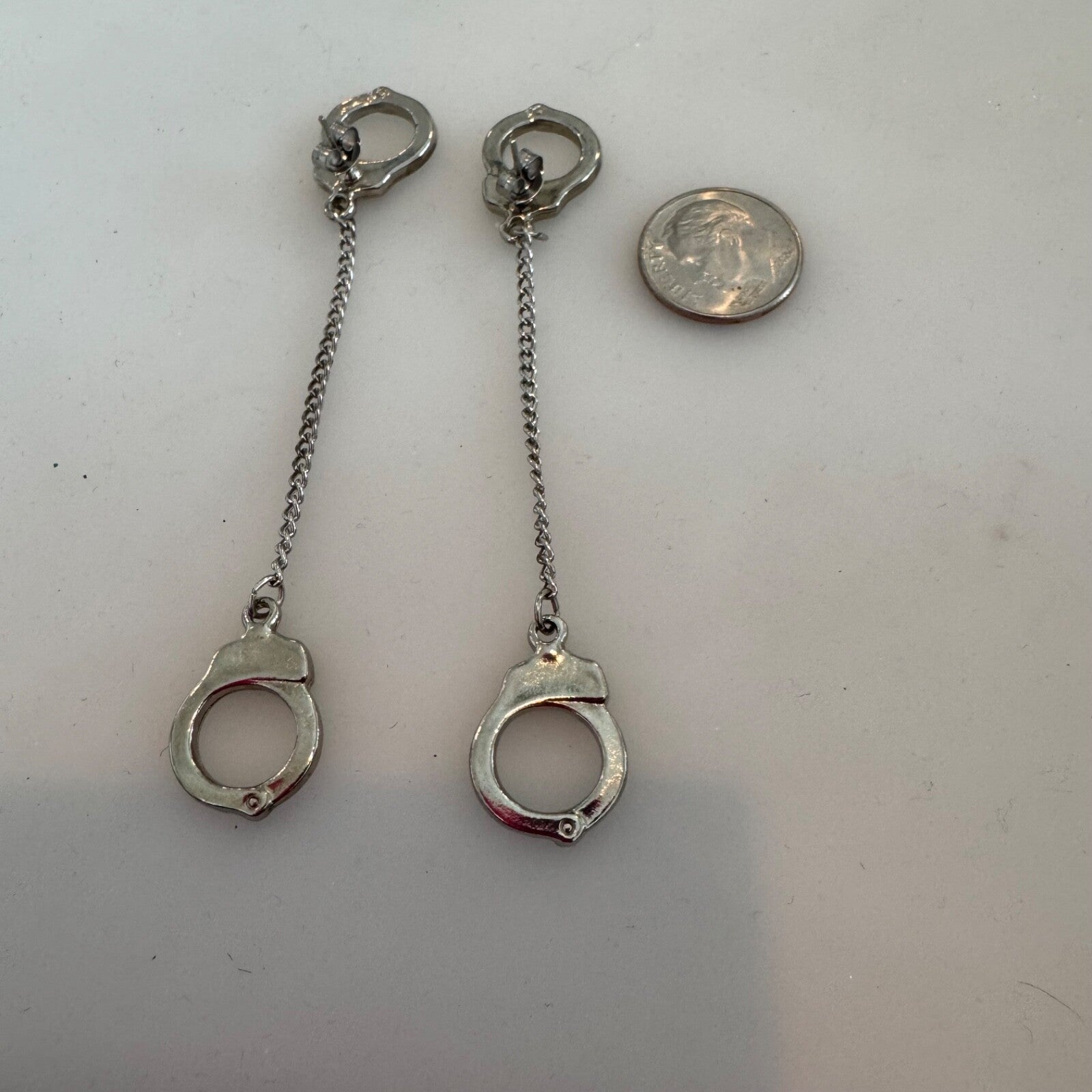 Vintage Silver Tone Handcuff Pierced Long Dangle Earrings
