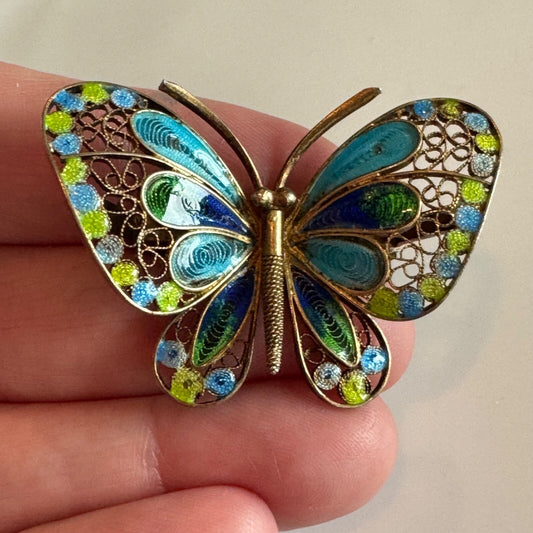 Vintage 800 Silver Plique a Jour Filigree Butterfly Brooch Pin Gold Plated