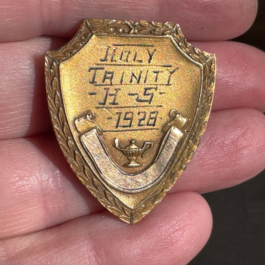 1928 Holy Trinity High School Gold Filled Shield Award Pin Brooch Engraved