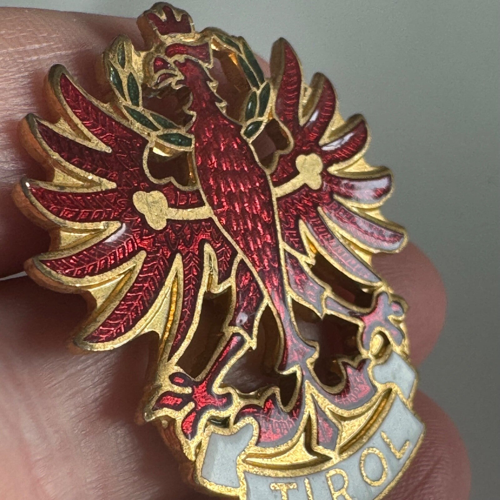 Gorgeous TIROL Austria Cloisonne Lapel Pin Eagle Oktoberfest Souvenir Tourist