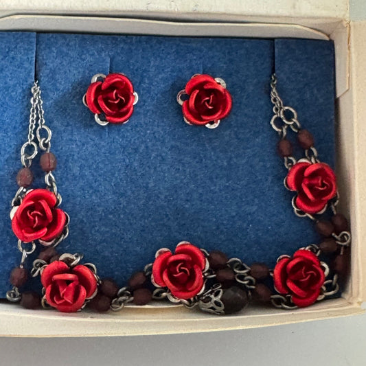 Vintage Avon Red Roses Necklace and Earring Gift Set New in Box