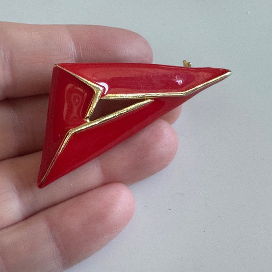 Vintage Gold Tone Red Enamel Triangle Brooch Pin 1980s 1990s