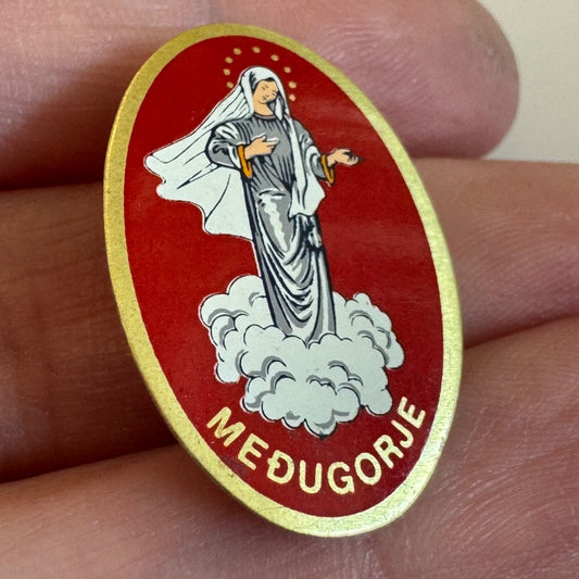 Vintage Medugorje Our Lady of Peace Catholic Devotional Pin Red